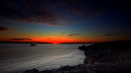 Le Coucher - glowing, sunset, blue, beautiful, orange, dark, sky