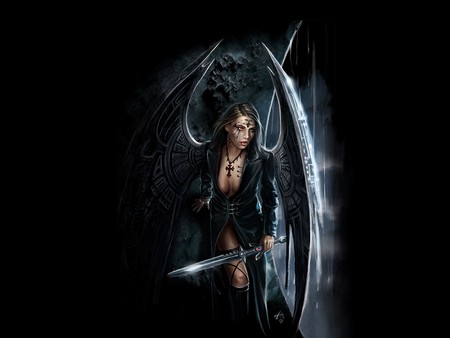 dark angel - wings, sword, gothic, dark, girl, angel