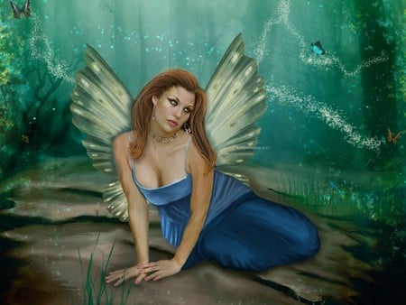 fairy - forest, beauty, beautiful, alena lazareva, girl, blue, art, wings, fantasy, fairy, female, woman, angel, alena lazareva art