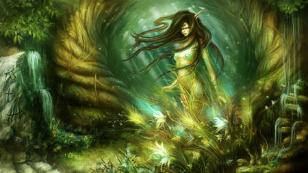 Water Elf - tiny, elf, girl, water, leaves, waterfall, fantasy