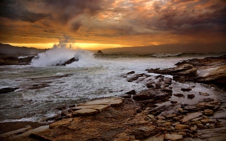 Stormy Sunset Sea - beach, sky, sun, sunset, wave, storm, nature, view, clouds, stones, sea