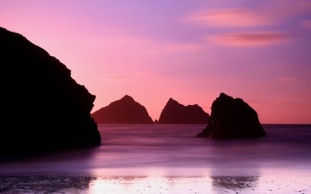 Sunset - beauty, sky, beach, peaceful, sunset, rocks, view, reflection, clouds, pink sunset, sand, ocean, lovely, waves, nature, beautiful, pink, splendor, colors, sea