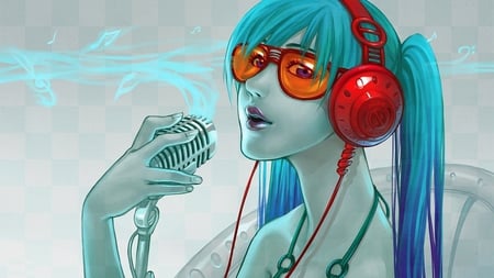 Vocaloid Singing - girl, headphones, blue, anime, singing, notes, sunglasses