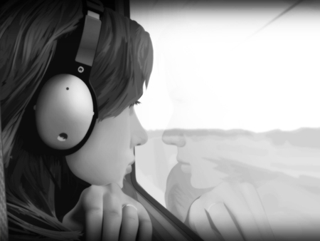 3D Lonely Girl - girl, headphone, lonely, 3d, music, black and white, fantasy, emo