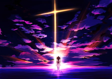 Destructive of the world - cross, sky, ocean, neon genesis evangelion, clouds, anime, water, sunset