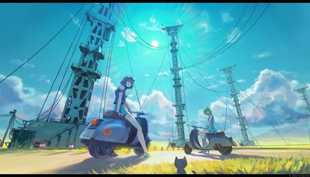 Day out - nice, girls, scooter, sun, clouds, anime