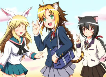 Cya - girls, animal, anime, cya, school, kitten, uniform, bye, bunny