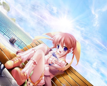 Lovely Day - beach, girl, sun, anime, harbor, bench, couch