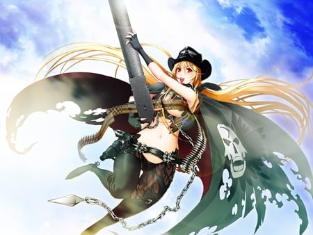 She's an pirate - cloak, anime, bullets, machinegun, hot, pirate, girl, sun