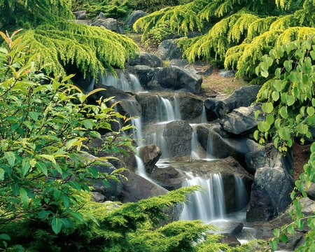 Green Waterfall - mounts, trees, water, mountains, waterfall, nature, view, forest, beautiful, green, stones