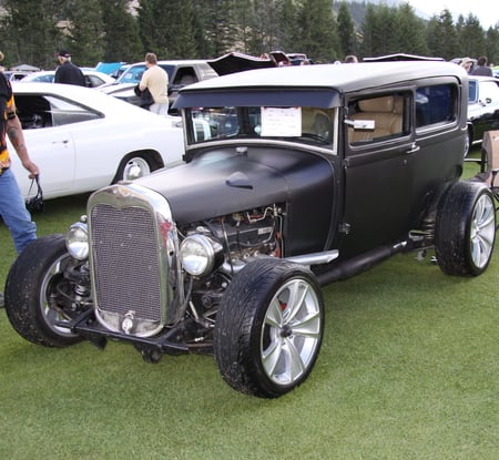 Ford 1928 in Radium Hot Springs car show 82  - Chrome, trees, Tires, Engine, grass, Photography, Headlights, nickel, black, Ford, white, silver, green, Grills