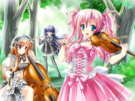 Band of Elves - girls, violin, elves, flute, band, dress