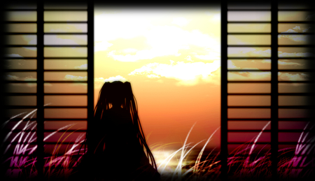 Gazing at the Sunset - pretty, artistic, meadow, pink, light, stunning, nice, sunlight, house, beach house, program, sunshine, beauty, virtual, shadow, cg, white, sunset, cute, aqua eyes, song, horizon, vocaloid, anime, gazing, amazing, twintail, beach, tall grass, grass, hatsune miku, reflection, music, purple, art, sky, sun, idol, clouds, anime girl, water, beautiful, sea, singer, girl, cool, orange, ocean, black, glow, miku, awesome, diva, bright, digital, aqua hair, hatsune, vocaloids