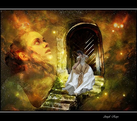 Trough The Door - collage, door, girl, fantasy