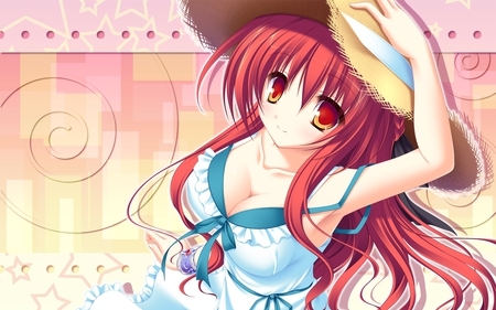 Anime - hat, star, anime, dress, girl, swirl, long hair, red, straw, ribbon, bow, wallpaper