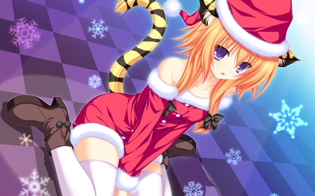 Momono Mao - tail, red, snowflakes, neko, cat, anime, girl, christmas, white, kitty, momono mao, hat, santa, orange, snow