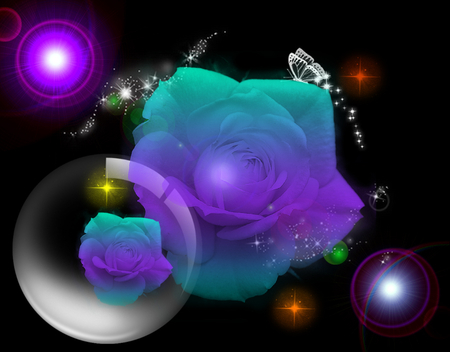 Dreamy World - flowers, roses, nature, lights, bubbles, sparkles, lens