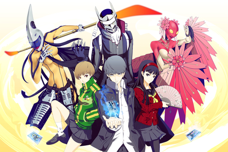 Persona 4 - fan, tarot, brown eyes, yukiko amagi, video game, black hair, brown hair, persona, tomoe, chie satonaka, blouse, high res, konohana sakuya, skirt, grey eyes, grey hair, black legwear, izanagi, narukami yuu, school uniform, track jacket, pantyhose, shin megami tensei, persona 4, souji seta, black eyes