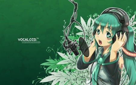 Hatsune Miku - aqua, headset, music, anime girl, studio, white, amazing, art, cool, aqua eyes, artistic, hatsune miku, song, stunning, vocaloids, program, vocaloid, beautiful, uniform, diva, beauty, nice, twintail, singer, aqua hair, simple, black, virtual, pretty, idol, anime, miku, cute, girl, oufit, cg, hatsune, microphone, blue, headphones, tie, awesome, flowers, digital, gray