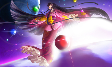 Touhou - red eyes, sky, long hair, black hair, kimono