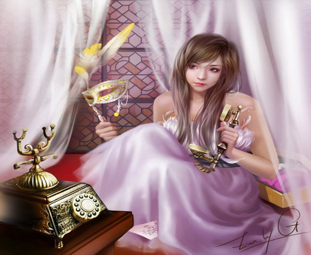 Mask of Princess - princess, beauty, sitting, female, mask, hot, mask of princess, anime girl, window, cool, pretty, phone, lipstick, cute, sexy, sweet, smile, dress