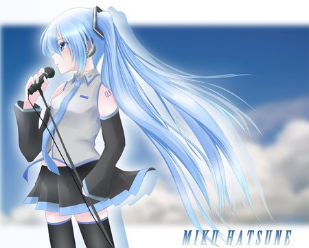 Hatsune Miku - tie, pretty, singing, artistic, uniform, headphones, nice, program, leggings, thighhighs, beauty, virtual, cg, white, gray, cute, aqua eyes, song, vocaloid, anime, blue, twintail, hatsune miku, microphone, music, aqua, stockings, art, sky, oufit, idol, clouds, anime girl, skirt, beautiful, singer, girl, cool, black, miku, awesome, diva, digital, aqua hair, thigh highs, hatsune, vocaloids, headset