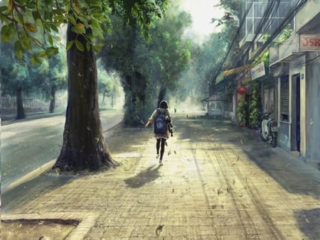 Going To School - trees, anime, road, girl, buildings, leaves, bike, path, sheep