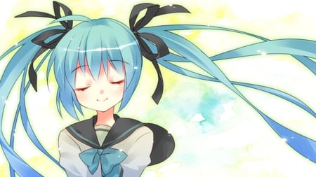 Hatsune Miku - aqua, music, anime girl, white, art, yellow, cool, aqua eyes, artistic, hatsune miku, light, song, vocaloids, glow, school uniform, program, vocaloid, beautiful, uniform, diva, nice, beauty, twintail, singer, aqua hair, black, virtual, pretty, idol, anime, miku, cute, girl, school, closed eyes, cg, hatsune, blue, digital, awesome