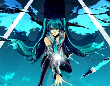 Hatsune Miku - aqua, thighhighs, music, anime girl, stockings, white, art, cool, reflection, aqua eyes, artistic, hatsune miku, skirt, leggings, light, song, megaphone, vocaloids, program, glow, vocaloid, beautiful, love is war, uniform, diva, beauty, nice, sky, twintail, singer, aqua hair, black, virtual, pretty, idol, clouds, anime, miku, cute, girl, cg, hatsune, blue, tie, awesome, digital, outfit