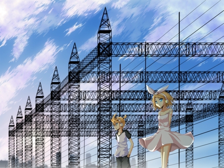 Kagamine Len & Kagamine Rin - aqua, thigh highs, thighhighs, music, anime girl, art, kagamine, blonde hair, cool, aqua eyes, artistic, kagamine rin, song, vocaloids, len, program, bow, vocaloid, beautiful, uniform, diva, dress, nice, beauty, sky, singer, virtual, rin, pretty, idol, clouds, anime, cute, girl, cg, power, digital, awesome, kagamine len, blonde