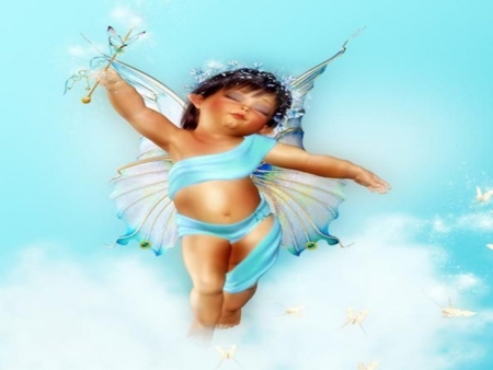 CUPID IN BLUE - clouds, cupid, blue, wings, cute, baby, arrow