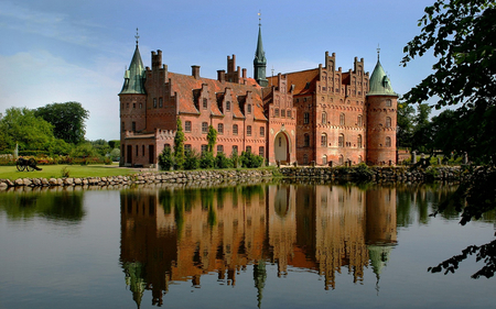 Castle - sky, trees, reflection, castle, blue, architecture, water, grass