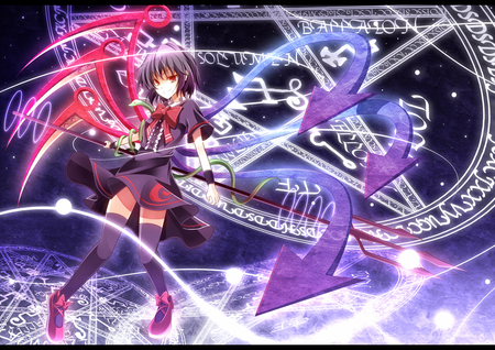 touhou - red eyes, magic, purple hair, short hair, power, dress, demon