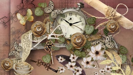 Love Lost - clock, feather, lace, firefox persona, flowers, watch, scroll, vintage, time, keys