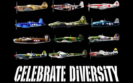 Celebrate Diversity - b-17, mustang, p38, p51, p-40, yak, b17, typhoon, p-38, p-51, p40, spitfire