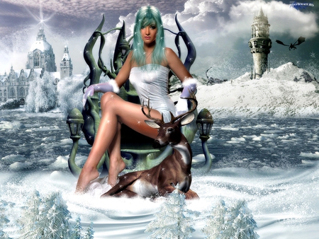 WINTER QUEEN - abstract, fantasy, queen, deer, castle