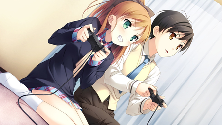 Not letting you win ! - anime, anime girl, console, your diary, kantoku, girl, minagawa yuuhi, cute, orange hair, game cg