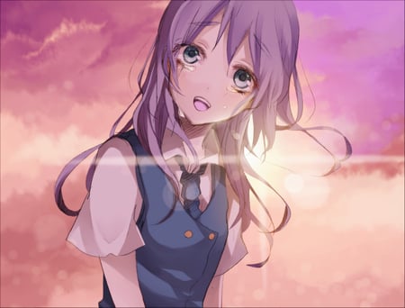 Farewell Tears - tears, kudou fuyuka, smile, sunset, cute, school girl, kawai