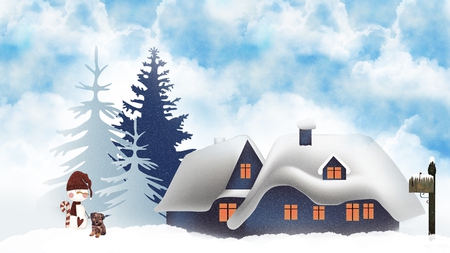 Snowed Inn - snowman, sky, trees, puppy, winter, christmas, mailbox, snow, dog, house, firefox persona