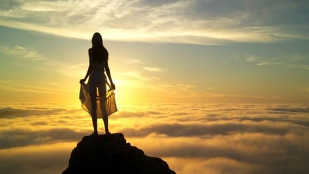 Above the Clouds - clouds, sunset, woman, beautiful, photography, rock, girl, sky