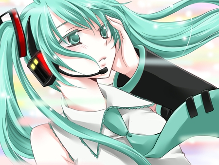 Hatsune Miku - tie, pretty, artistic, light, uniform, headphones, nice, program, beauty, virtual, cg, white, gray, cute, aqua eyes, song, outfit, vocaloid, anime, twintail, hatsune miku, microphone, music, aqua, art, idol, heasdet, anime girl, beautiful, singer, girl, cool, black, glow, miku, awesome, diva, digital, aqua hair, hatsune, vocaloids