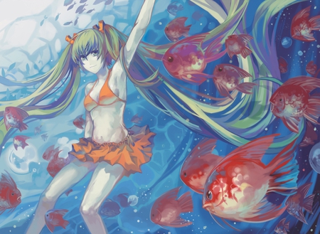 Hatsune Miku - aqua, swimsuit, sun, music, anime girl, underwater, white, art, cool, reflection, aqua eyes, artistic, hatsune miku, school of fish, light, song, vocaloids, program, glow, vocaloid, beautiful, diva, sea, beauty, nice, beach, water, twintail, singer, aqua hair, black, bubbles, virtual, painting, pretty, idol, anime, orange, miku, cute, ocean, sunlight, girl, cg, two piece, hatsune, red, bikini, blue, fish, awesome, digital