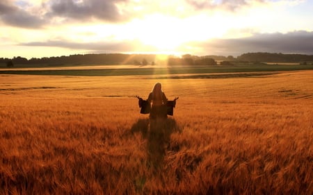 Happy Woman In Golden Wheat Field - women, woman, girl, wheat, sun, field, fantasy, golden, happy