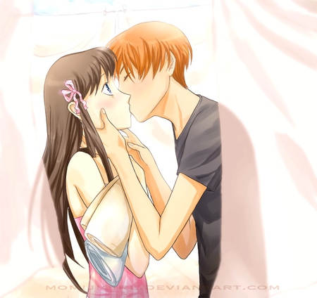 kyo and tohru together - together forever, kyo kissing tohru, kyo and tohru, fruits basket love