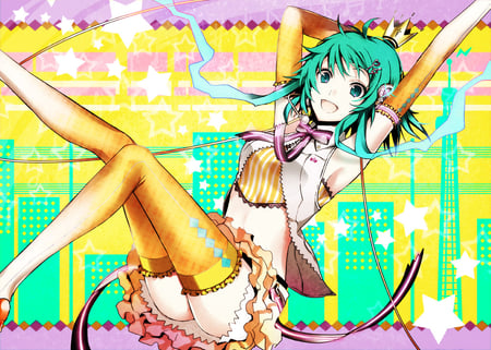 Gumi - gumi, short hair, anime, skirt, volcaloid, girl, stars, wallpaper