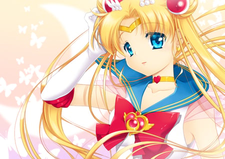 Sailor Moon - accessories, anime, sailor, blue, blonde, pigtails, uniform, red, ribbon, power, moon, choker, girl, white, necklace, bow, gloves