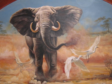 Suzanne Barrett Justis's art - animal, bird, elephant, art, white, savannah, nature, painting, suzanne barrett justis