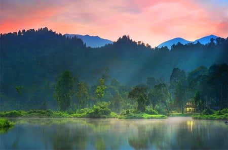 Solitary beauty - clouds, trees, rays, sunrise, lake, mountains, home, peace