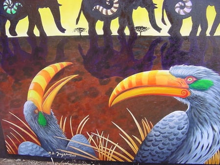 Roy Astley Freyer's art - animal, elephant, grass, blue, art, roy astley freyer, orange, two, nature, painting, birds, green