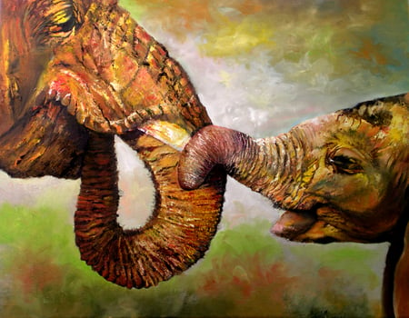 Myriam Rodriguez's art - animal, baby, love, myriam rodriguez, elephant, art, cuddle, tenderness, two, nature, painting